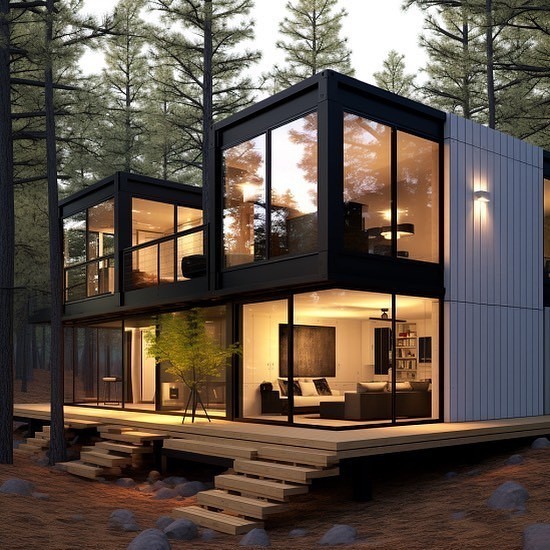 A black and white colored container house.
