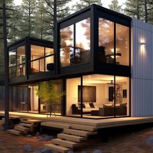 A black and white colored container house.